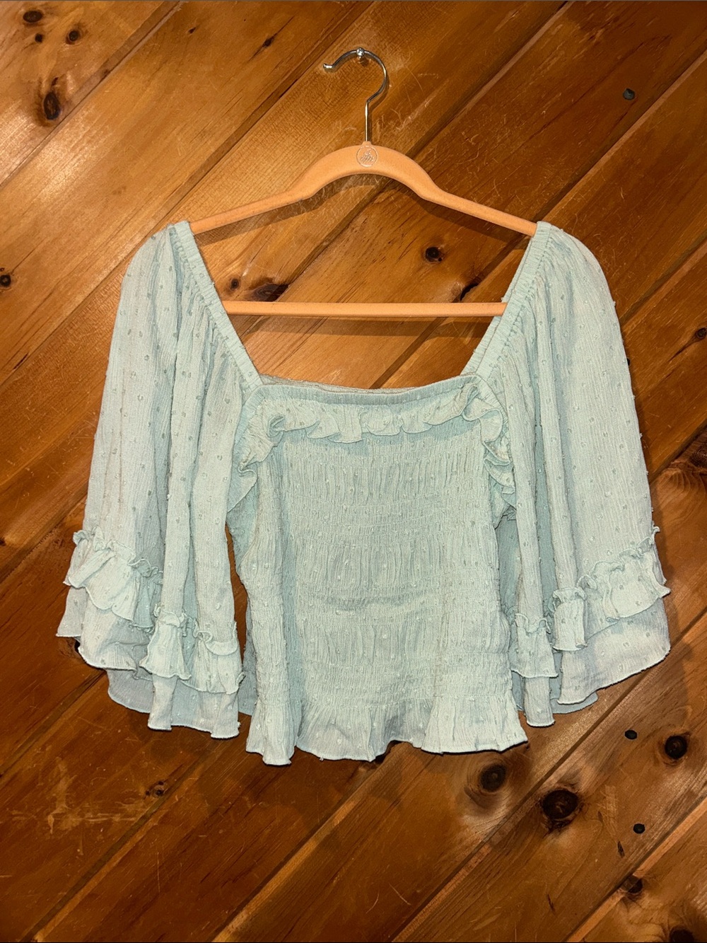 Illa Illa light green Swiss dot smocked square neck peasant top NWT
